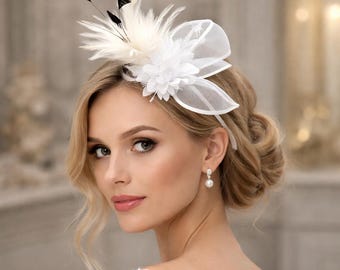 Feather Fascinator Hat for Women, Black White Derby Headpiece, Wedding Hair Clip Hat, Tea Party Church Headband Fascinator