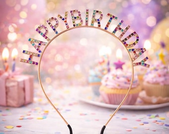 Cerchietto con strass di buon compleanno, corona di tiara di compleanno con cristalli scintillanti per donne e ragazze, accessori per capelli da ragazza, oro, argento, trasparente, multicolore, rosa