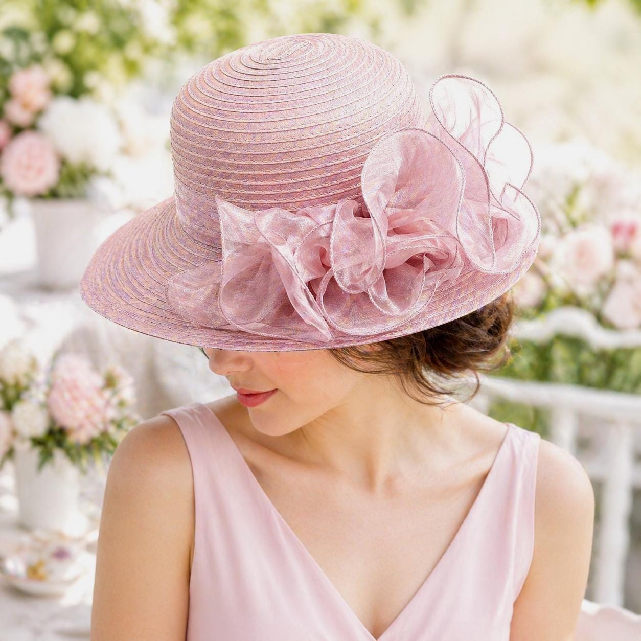 Elegant Pink Women\'s Dress Hat with Floral Brooch HotSale Pink Cocktail Satin Cloth Hat Elegant Photography  main image 3