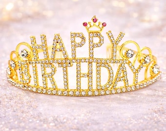 Happy Birthday Tiara Crown with Combs, Gold or Silver Rhinestone Birthday Headpiece, Sparkly Crystal Birthday Crown for Women and Girls