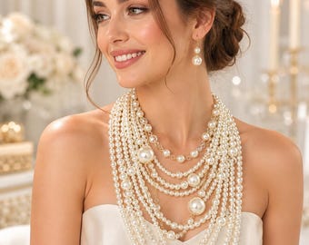Conjunto de collar y pendientes de perlas gruesas en capas, collar babero llamativo, joyería estilo Gatsby Flapper de los años 20, conjunto de perlas para boda nupcial
