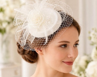 Tocado para el Derby de Kentucky con velo, broche floral de plumas para la mandíbula, accesorio para el cabello de boda estilo Gatsby