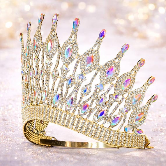 AB Crystal Gold Crystal Tiara Crown - Iridescent Gem Rhinestone Headpiece AB Crystal Gold Crystal Tiara Crown - Iridescent Gem  main image 2