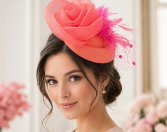 Kentucky Derby Fascinator Hat with Veil, Floral Tea Party Hat, Wedding Guest Church Hat, Bridal Shower Race Day Headpiece