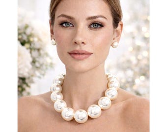 Conjunto de collar de perlas gruesas, conjunto de joyería de perlas llamativa, conjunto de collar y pendientes de oro blanco marfil y plata, regalo de joyería nupcial