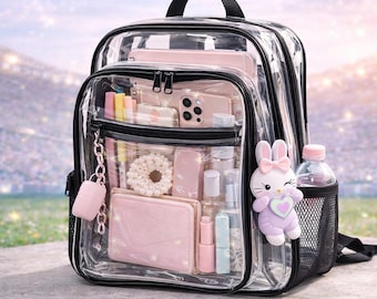 Clear Backpack Stadium Approved Transparent Bag, PVC Rucksack with Bottle Holders, Cute School Travel Concert Bag Black Trim