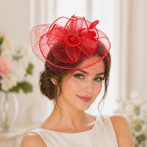 Red Fascinator Hat With Veil - Etsy display picture 1