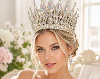 Extra große AB Strass Tiara für Frauen Majestic irisierende Kristall Festzug Krone Gold Quinceanera Hochzeit Kopfschmuck Erhältlich in 7 Farben