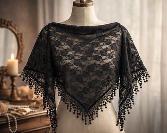 Kirchen Schleier mit Bommelborte - Katholische Mantilla Kopfbedeckung, Kapelle Schleier, Gebetsschleier, Hochzeit Spitzenschal, Vintage Stil
