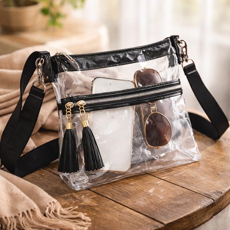 Clear Stadium Crossbody Bag – Transparent Concert Purse with Black Strap & Tassel, Stadium Approved Game Day Bag, Festival Clear Handbag image 1