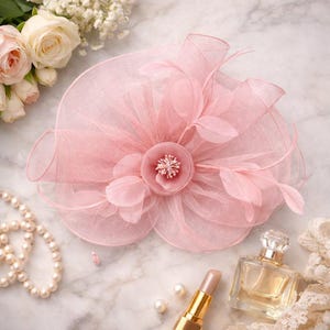 Könnte beinhalten: Ein hellrosa Fascinator mit floralem Design, Federn und transparentem Stoff. Das Kopfstück ist mit einer zentralen Blume und zarten Verzierungen versehen. Ein stilvolles Accessoire für besondere Anlässe.