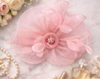 Tocado para el Derby de Kentucky con pinza para la mandíbula, tocado floral estilo Gatsby, sombrero de organza para fiesta de té de boda.