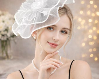 Elegant Fascinator Hat for Women, Kentucky Derby Hat, Wedding Tea Party Headpiece, Mesh Feather Fascinator Clip & Headband, White Gold Black