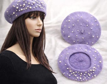 Elegante Perlen Perlen Baskenmütze - Weich & Slouchy Französischer Stil Hut für Frauen - Schickes verziertes Strick Winter Accessoire - Schöne Geschenkidee