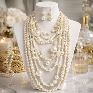 Set met dikke gelaagde parelketting en oorbellen, statement slabbetje, sieraden in Gatsby Flapper-stijl uit de jaren 1920, parelset bruidsbruiloft