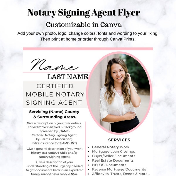 Notary Signing Agent Marketing Template Flyer Pink Canva Template Customizable Edit NSA Digital PDF Notary Public Print at Home Loan Signing
