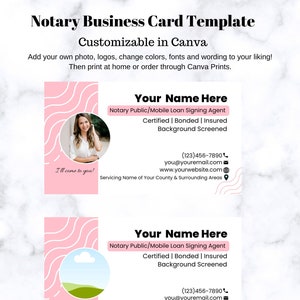 Notary Loan Signing Agent Marketing Business Card Template Pink Canva Template Customizable Edit NSA Digital PDF Notary Public Print at Home