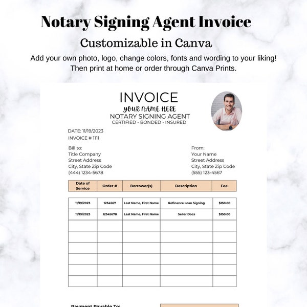 Notary Signing Agent Template Invoice Tan Canva Template Customizable Edit NSA Digital PDF Notary Public Print at Home