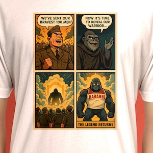 Camiseta meme de 100 hombres contra el gorila - Camiseta cómica del regreso de Harambe - El regreso de la leyenda - Dibujo animado vintage