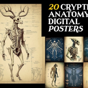 20 Cryptid ANATOMY Posters | Digital Download |  Mothman, Bigfoot, Wendigo Poster, Loch Ness Monster, Werewolf Anatomical Poster