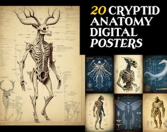 20 Cryptid ANATOMY Posters | Digital Download |  Mothman, Bigfoot, Wendigo Poster, Loch Ness Monster, Werewolf Anatomical Poster