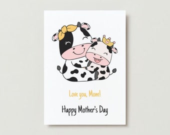 Sweet Mother Cow and Baby Calf Digital Mother&#39;s Day Greeting Card, Happy Mother&#39;s Day, Digital Greeting Card, Cute Farm Animals, PDF, Print.