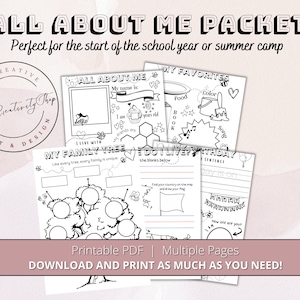 May include: Black and white printable "All About Me" packet for kids. The packet includes pages for kids to fill out about themselves, their family, their birthday, and their favorite things. The packet is perfect for the start of the school year or summer camp.