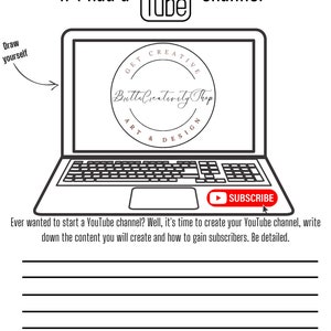 May include: A black and white illustration of a laptop computer with a red "Subscribe" button. The laptop screen shows a logo for "ButtaCreativity Shop" with the text "Get Creative, Art & Design". The image is a worksheet for brainstorming ideas for a YouTube channel.