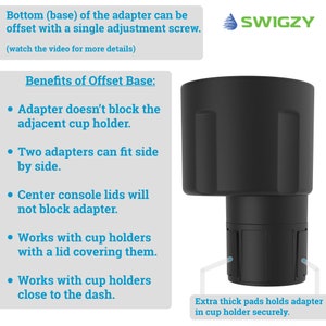 Op de afbeelding: Zwarte bekerhouderadapter met een verstelbare basis. De adapter heeft dikke pads om hem stevig in de bekerhouder te houden. De tekst "SWIGZY" is zichtbaar in de rechterbovenhoek van de afbeelding. De tekst "Voordelen van een offset basis" is zichtbaar aan de linkerkant van de afbeelding. De tekst "Extra dikke pads houden de adapter stevig in de bekerhouder" is zichtbaar onderaan de afbeelding.