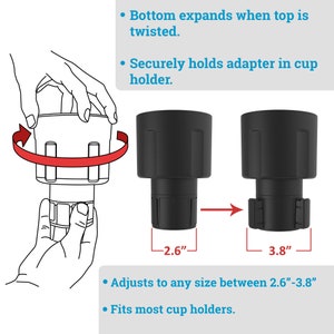Op de afbeelding: Een zwarte bekerhouderadapter die uitbreidt om te passen in verschillende maten. De adapter wordt getoond in twee posities, een op 2,6 inch en de andere op 3,8 inch. De adapter is ontworpen om een beker veilig vast te houden in een bekerhouder in een auto.