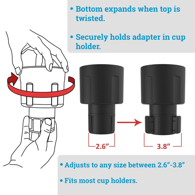Op de afbeelding: Een zwarte bekerhouderadapter die uitbreidt om te passen in verschillende maten. De adapter wordt getoond in twee posities, een op 2,6 inch en de andere op 3,8 inch. De adapter is ontworpen om een beker veilig vast te houden in een bekerhouder in een auto.