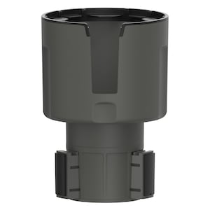 Op de afbeelding: Grijze auto bekerhouder met een zwarte rubberen basis en een zwarte rubberen ring rond de bovenkant.