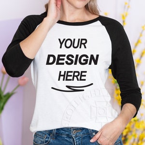 District | DM136L  | Women’s Perfect Tri 3/4 Sleeve |  Raglan | Black / White | Mockup