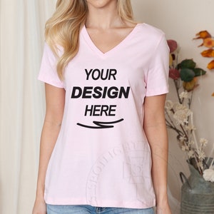 Bella Canvas |  6405 | Women&#39;s | Mockup |  Relaxed Jersey |  Short Sleeve |  V-Neck Tee | Pink