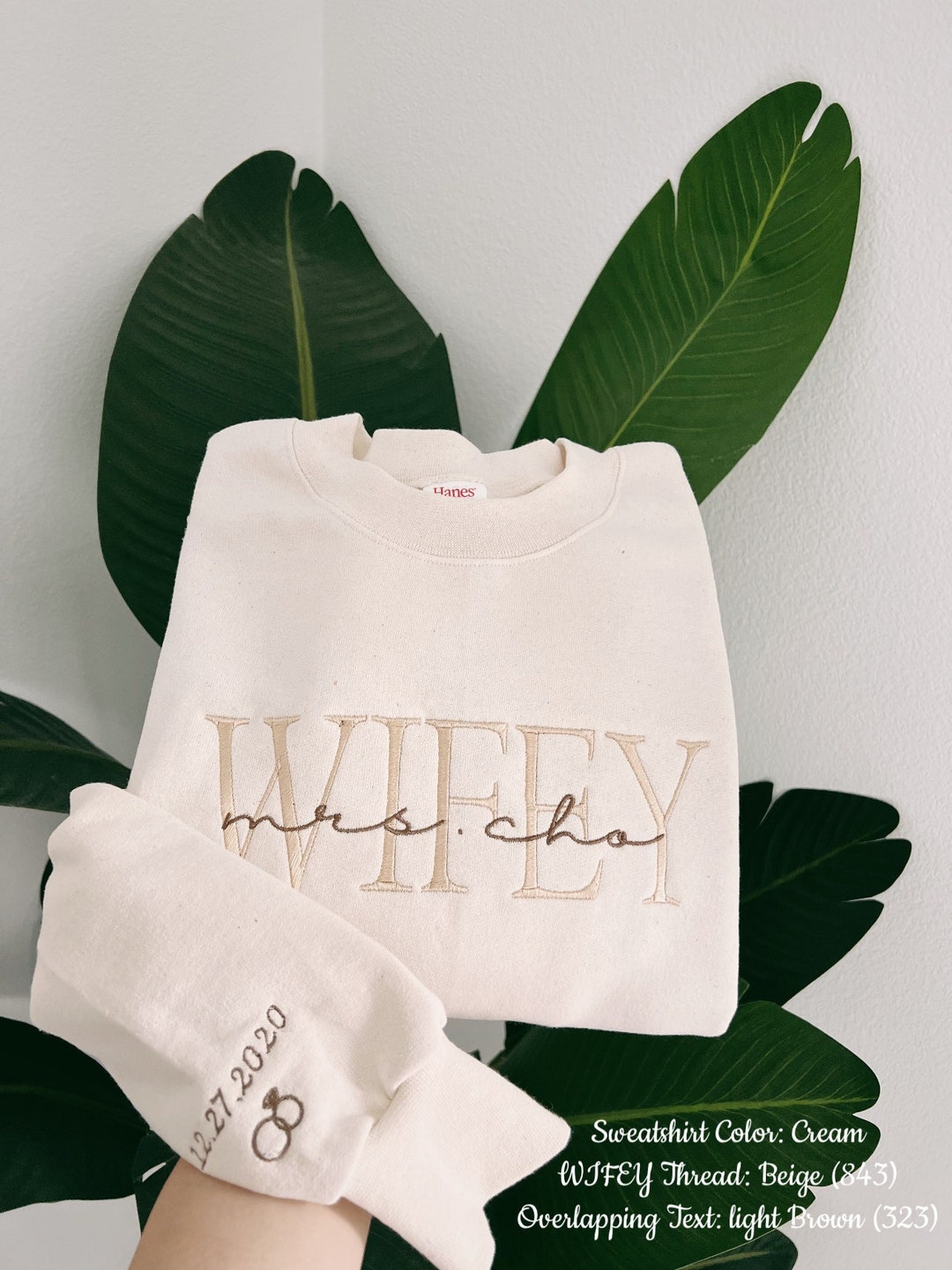 Personalized Embroidered Wife Sweatshirt | Thanksgiving & Christmas gift | Custom last name | Bridal, Wedding, Engagement gift - CREAM - S US LETTER, FRONT TEXT