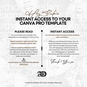 May include: Digital Canva Pro template access information. The image features text that reads "Hey Bookie, Instant Access to Your Canva Pro Template." It includes details about the digital product, access instructions, and a thank you note.