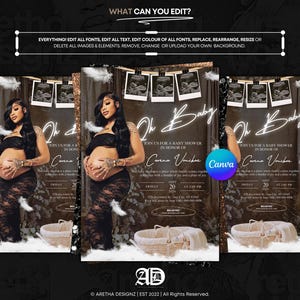 May include: A digital invitation for a baby shower, featuring a woman with a baby bump. The design includes the text "Oh Baby" and details for the event. The invitation is set against a dark background with decorative elements.