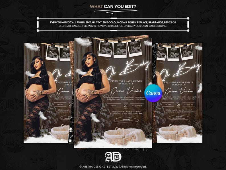 May include: A digital invitation for a baby shower, featuring a woman with a baby bump. The design includes the text "Oh Baby" and details for the event. The invitation is set against a dark background with decorative elements.