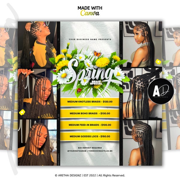 Circulaire de réservation de printemps | Circulaire d'avril, Offre spéciale tresses de printemps, Aubaines sur les cheveux, Aubaines de printemps, Semaine de relâche, Flyer professionnel prédéfini, Modifier sur Canva