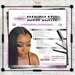 Plantilla de volante para clase magistral de pelucas: Curso de encaje, capacitación (editar en Canva)