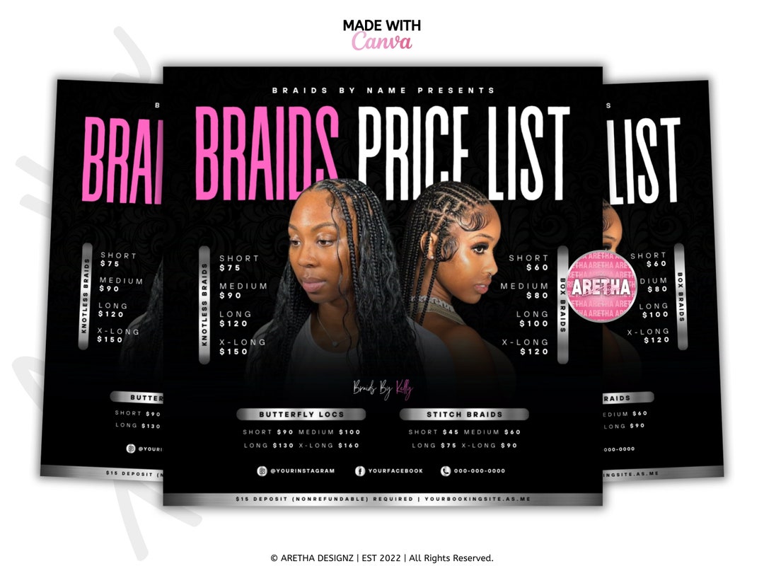 DIY Braids Price List Template Braid Sale Braid Deals Beauty Salon DIY Braids Price List Template Braid Sale Braid Deals Beauty Salon