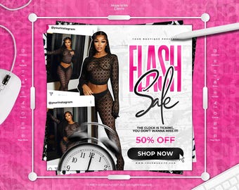 May include: A digital promotional graphic featuring a person in a black patterned long-sleeve top and leggings. The text reads FLASH SALE, THE CLOCK IS TICKING, YOU DON'T WANNA MISS IT!, 50% OFF, and SHOP NOW, with a large clock graphic.