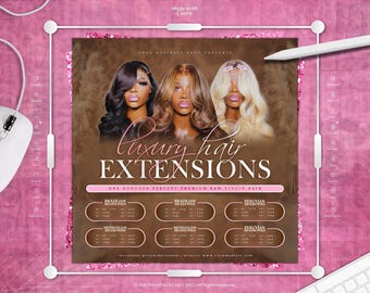 Peut inclure: Un dépliant numérique pour des extensions de cheveux de luxe présentant trois têtes de mannequin avec des cheveux ondulés noirs, bruns et blonds. Le texte indique luxury hair extensions, one hundred percent premium raw virgin hair et liste divers types de perruques et prix.