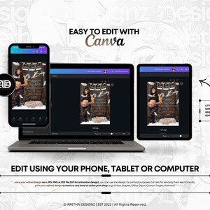 May include: A digital design displayed on a smartphone, laptop, and tablet. The design features a pregnant person in a rustic setting. Text includes "Easy to edit with Canva" and "Edit using your phone, tablet or computer."