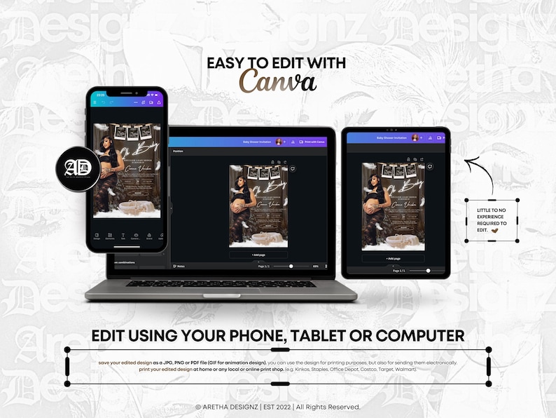 May include: A digital design displayed on a smartphone, laptop, and tablet. The design features a pregnant person in a rustic setting. Text includes "Easy to edit with Canva" and "Edit using your phone, tablet or computer."
