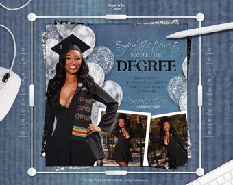 May include: A digital graduation announcement template featuring a person in a black cap and gown with a sash reading BLACK GRADS MATTER. The design includes silver balloons, blue textured backgrounds, and text reading ERYKA J. STEWERT SECURED THE DEGREE.