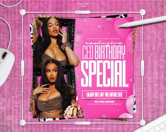 May include: A digital flyer template featuring a pink background with the text Exclusive CEO Birthday Special and Enjoy 30% Off The Entire Site. The design includes two images of a person with long dark hair wearing a chain-link top.