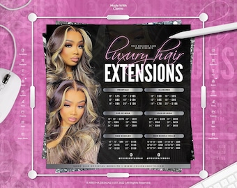 Peut inclure: Un dépliant numérique pour des extensions de cheveux de luxe avec deux images d'une personne aux longs cheveux méchés. Le texte indique luxury hair extensions avec une liste de prix pour frontaux, closures, perruques et mèches.