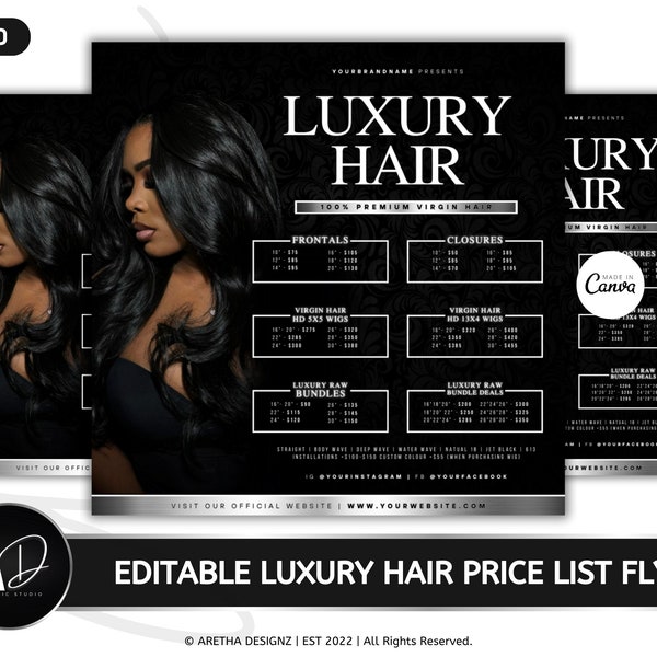 DIY Hair Bundles & Wigs Price List Template | Hair Sale, Bundle Deals, Frontals, Closures, Luxury Hair Extension Business, Edit In Canva