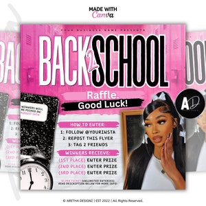 Rückseite 2 Schul-Gewinnspiel-Flyer | Zurück in der Schule Werbegeschenk, B2S Ticket Flyer, Zöpfe, Nagel, Lash, MUA, vorgefertigter Business Flyer, bearbeiten in Canva